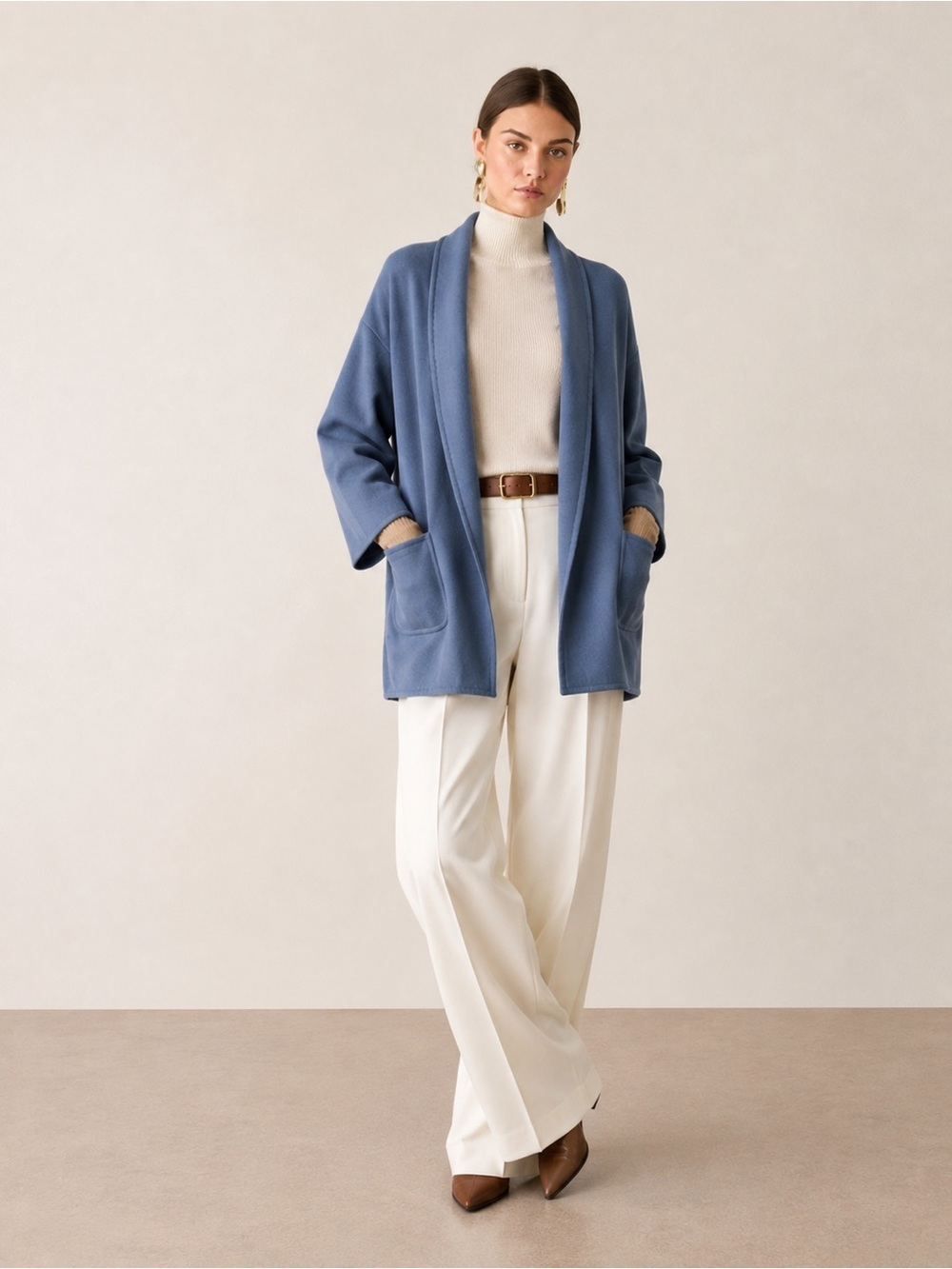$2400 Falconeri 100% Cashmere Blue Open-Front Shawl Collar Coat